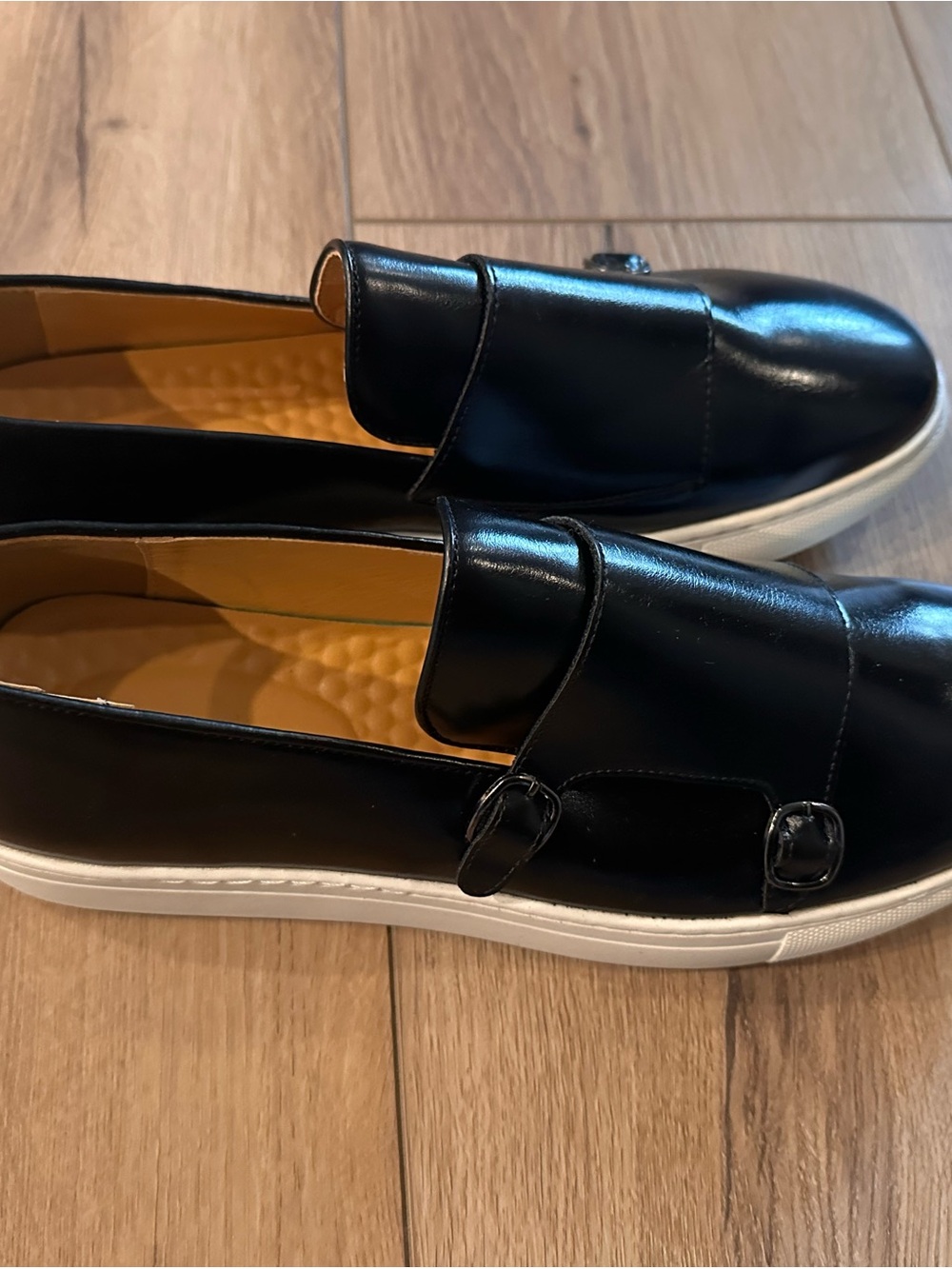 Men's Black Slip-On Leather Sneakers with Buckle Detail